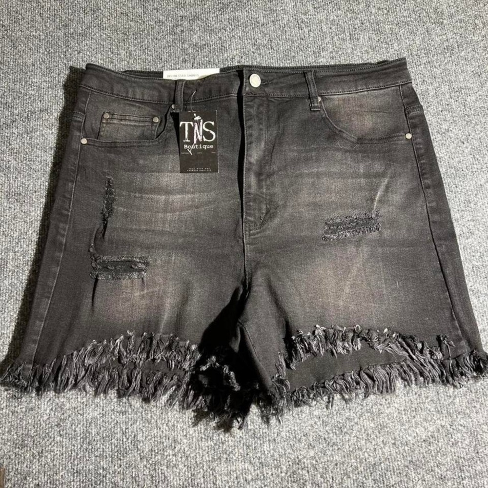 Black Label by Cest Toi Distressed Denim Shorts Washed Black Frayed Hem 1XL